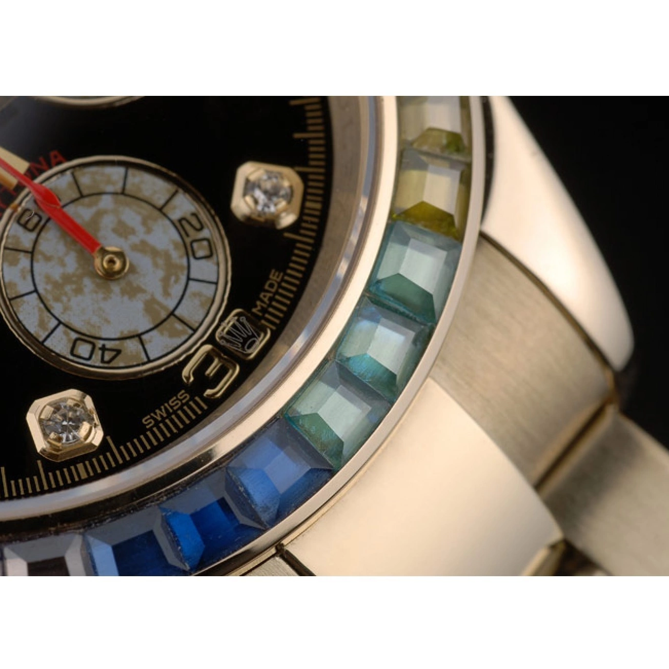 MiroTime 0816 Rolex Daytona Cosmograph Rainbow Crystals Bezel Rose Gold Strap Black Dial 80251